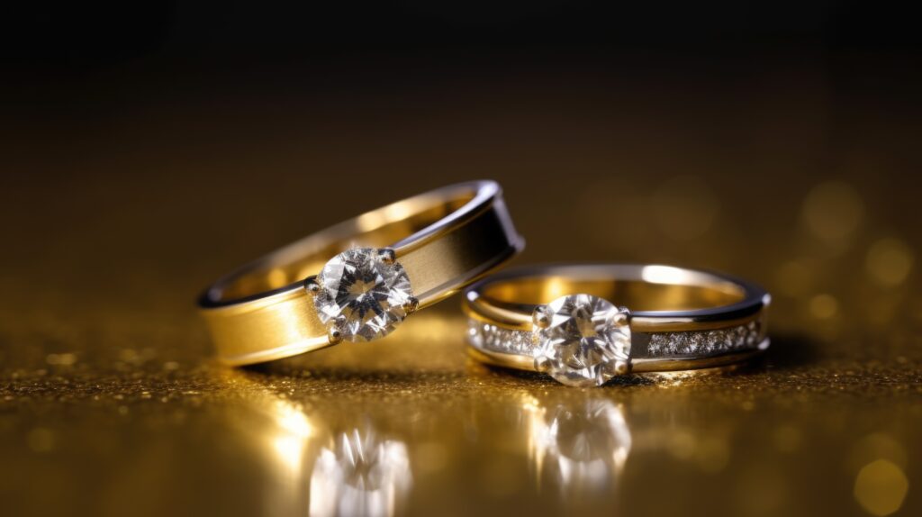 closeup shot of two diamond rings on a golden surface. generative ai aig21.